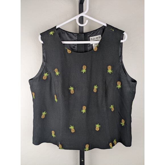 Vintage embroidered pineapple print linen blend sleeveless top - Picture 1 of 7